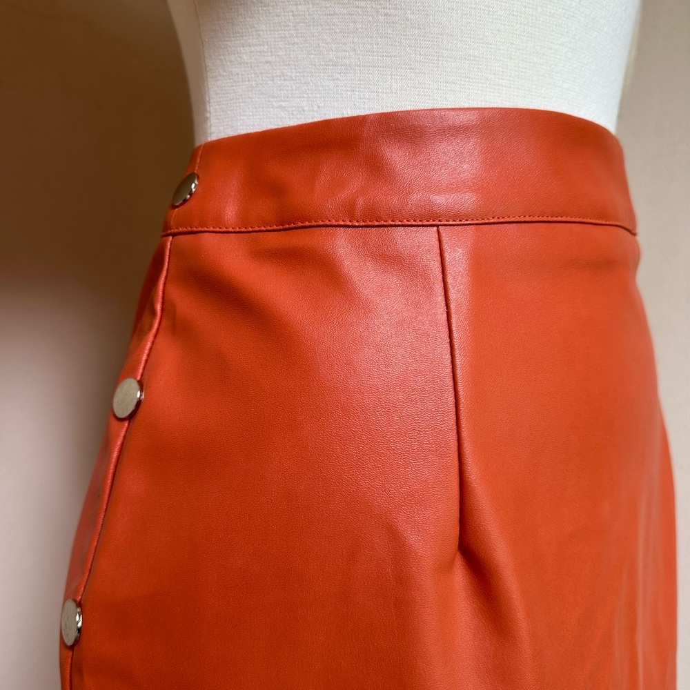 NEW Orange Faux Leather Mini Skirt with Goldtone Buttons
